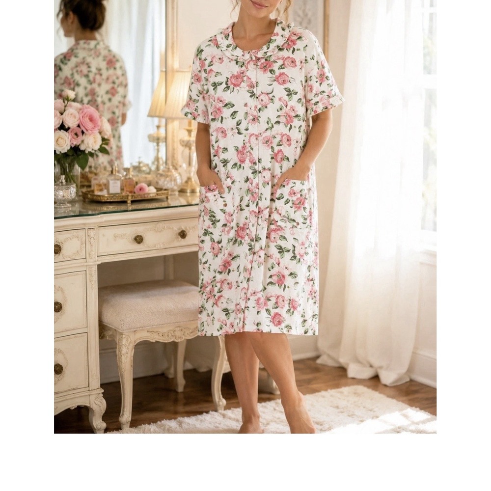 National Womens Cotton Floral Button-Front Nightgown L Pockets Short Sleeve New